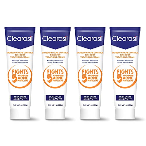 Clearasil Stubborn Acne Control 5in1 Spot Treatment Cream, Maximum Strength, Benzoyl Peroxide Acne Medication, Fights Blocked Pores, Pimple Size, Excess Oil, Acne Marks & Blackheads, 1 oz (Pack of 4)