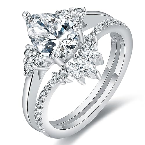 IRROYA 1.5 Carat G-H Color Brilliant Pear Cut Moissanite Wedding Ring Sets for Women Eternity Marquise Shaped Moissanite Matching Wedding Bands Art Deco Sterling Silver Bridal Statement Ring Womens Engagement Rings Gifts Platinum Plated Proposal Ring Size 8.5