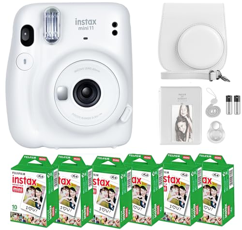 Fujifilm Instax Mini 11 Camera with Fujifilm Instant Mini Film (60 Sheets) Bundle with Deals Number One Accessories Including Carrying Case, Selfie Lens, Photo Album, Stickers (Ice White)