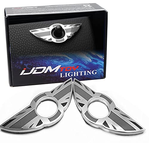 iJDMTOY (2 Union Jack Style Wing Emblem Rings for Mini Cooper R55 R56 R57 R58 R59 Door Lock Knobs, Black/Grey UK Flag Design (Does not fit R60 R61 nor F55 F56 Models)