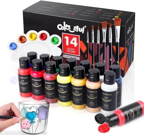 Colorful Stain Glass Paint Set with 6 Brushes, 1 Palette & 1 Sponge, 14 Colors Waterproof Permanent Glass Painting Kit for Arts on Wine Glasses,Bottle and Windows