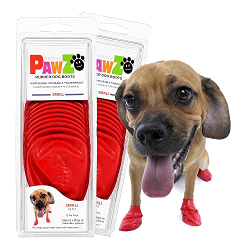 PawZ Rubber Dog Boots for Paws up to 2 1/2', 24 Total (2 Packs of 12) - All-Weather Dog Booties for Hot Pavement, Snow, Mud, and Rain - Waterproof, Anti Slip Dog Socks - Small, Red