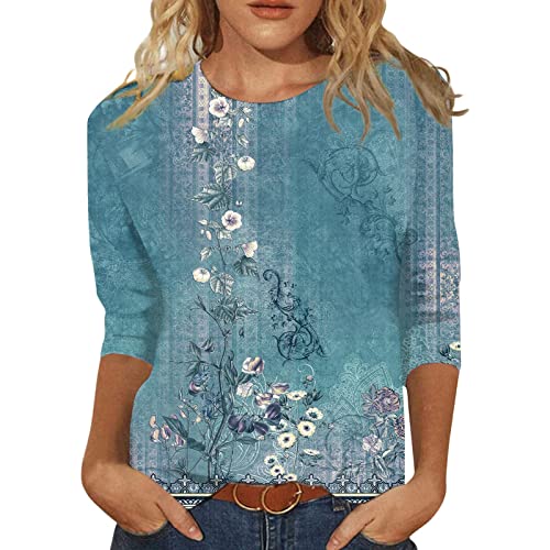 Women's 3/4 Sleeve Tops 3/4 Sleeve Shirts for Women 2024 Casual Tops for Women Summer Blouses Round Neck Print Pullover Trendy Loose T-Shirt Top Cyan 3X-Large