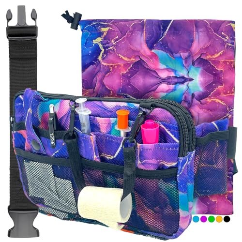 French KOKO Medical Nurse Fanny Pack with Travel Bag and BONUS Extension Strap Nursing Supplies Nurses Nursing Packs Women Organizer Tool Belt ICU Vet Tech Waist Bag (Purple Marble, Horizontal Bag)