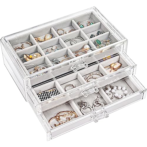 ProCase Earring Holder Organizer Acrylic Earring Box Christmas Gifts for Women Girls, Clear Stackable Large Jewelry Storage Case with Adjustable Velvet Trays on Dresser Vanity -Grey, 3 Layers
