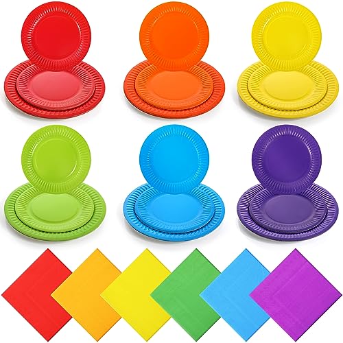 Sieral 180 Pieces Colorful Paper Plates Rainbow Disposable Party Napkins Colored Dessert Dinner Birthday Wedding Neon Fiesta Theme Supplies, red, orange, yellow, green, blue, purple, 7 inch, 9 inch