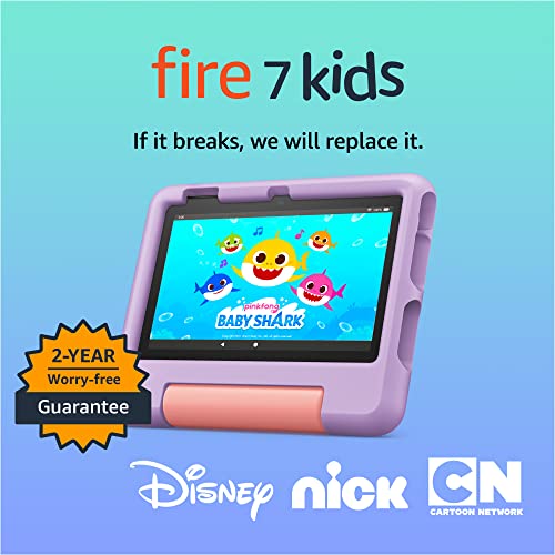 Amazon Fire 7 Kids tablet, ages 3-7. Top-selling 7' kids tablet on Amazon - 2022 | ad-free content with parental controls included, 10-hr battery, 16 GB, Purple