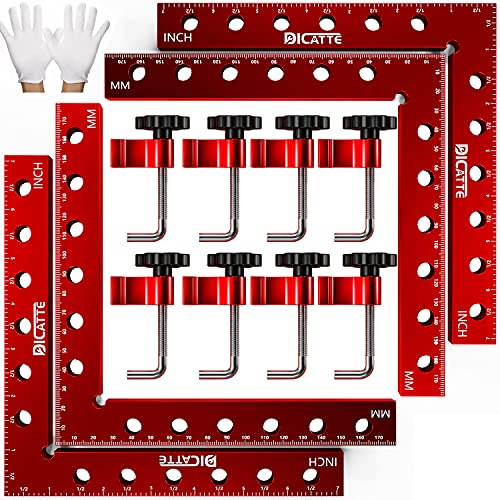DICATTE 90 Degree Positioning Square Right Angle Clamp 7.1' x 7.1' Aluminum Alloy Woodworking Carpenter Tool,4 Pcs Right Angle Clamps With 8 Clamps,For Picture Frame Box Cabinets Drawers