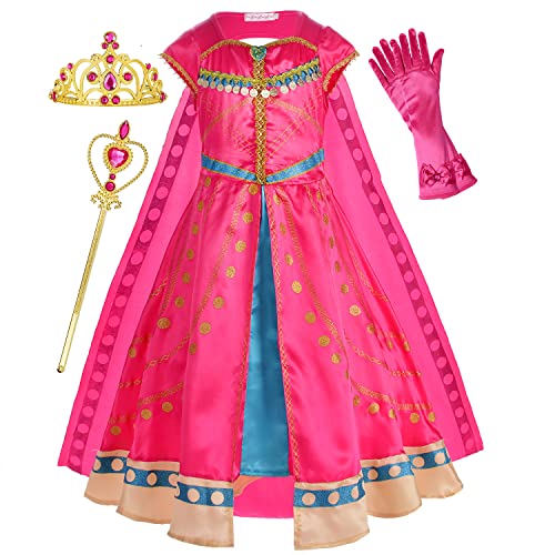 Princess Jasmine Costume Dress Up Clothes Fancy Arabian Outfit Attire with Cape Tiara Wand Gloves Accessories Set for Little Toddler Girls Kids Halloween Cosplay Birthday Party 4T 5T 4-5 Years