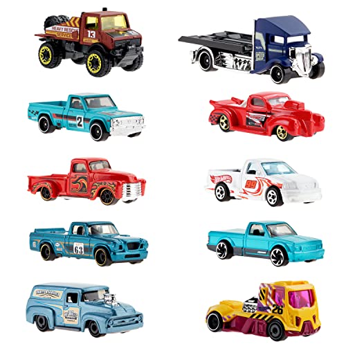 Hot Wheels Trucks 10-Pack, 10 Toy Semi-Trucks, Pickups, Construction Trucks, Big Rigs & Haulers, Modern & Retro Models, Toy for Kids (Amazon Exclusive)