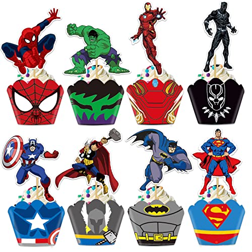 48Pcs Superhero Cupcake Toppers and Wrappers for Cake Decorations, Superhero Cake Topper Birthday Party Supplies.