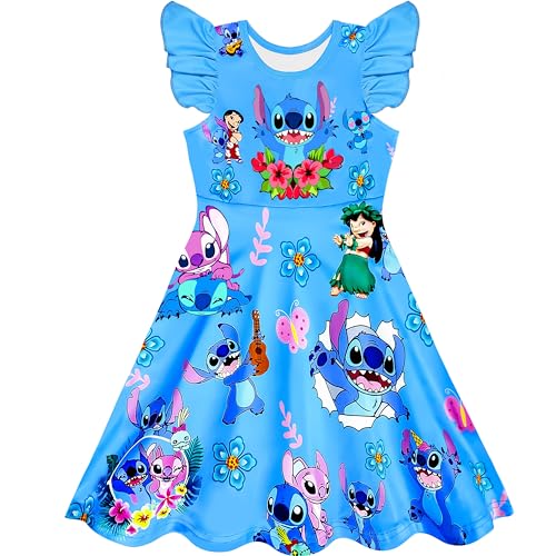 MOTHAF Girls Cartoon Costume Dress Little Kids Cute Character Ruffle Sleeve Summer Dress Party Gift Clothes Outfit Blue