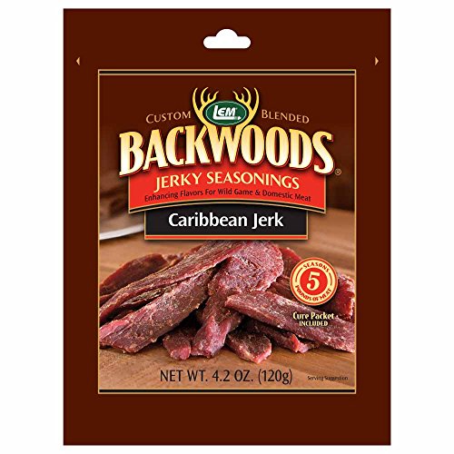 LEM Products Backwoods Caribbean Jerk Jerky Seasoning, Ideal for Wild Game and Domestic Meat, Seasons Up to 5 Pounds of Meat, 4.2 Ounce Packet with Pre-Measured Cure Packet Included