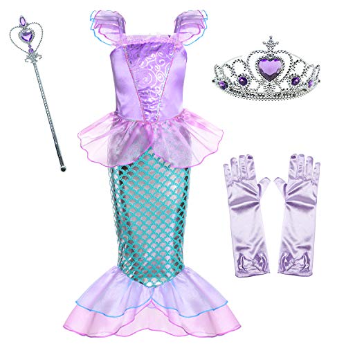Little Girls Mermaid Princess Costume for Girls Dress Up Party with Gloves,Crown Mace 4T 5T