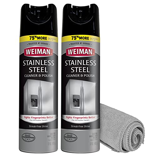 Weiman Stainless Steel Cleaner & Polish Streak-Free Shine - For Refrigerators, Oven, Dishwasher, Stove - 2 Pack Aerosol Spray with Microfiber Cloth Included