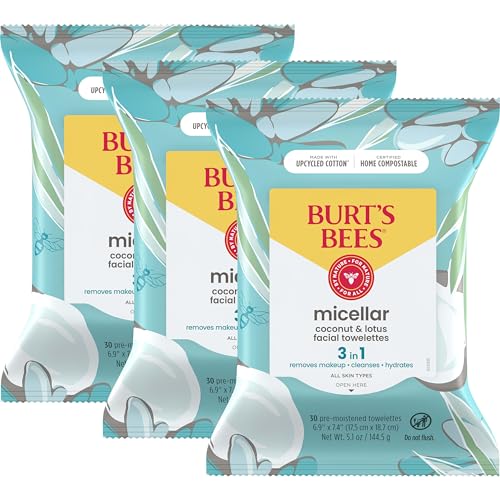 Burt's Bees Coconut & Lotus Face Wipes, Mothers Day Gifts for Mom for All Skin Types, Micellar Makeup Remover & Facial Cleansing Towelettes, 30 Ct. (3-Pack)