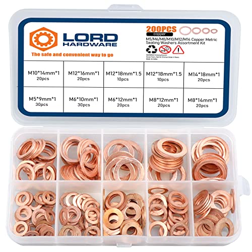 LordHardware 200pcs Copper Crush Metric Washers Assortment Kit Flat Sealing Washer M5 M6 M8 M10 M12 M14 (9 Sizes)