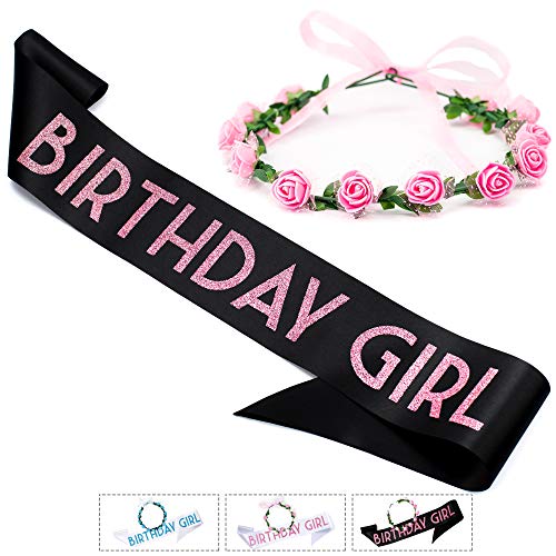 CORRURE 'Birthday Girl' Sash and Crown of Flowers - Soft Satin Black with Pink Glitter Birthday Sash and Headband Tiara for Women - Ideal Sweet 16, 18th 21st 25th 30th 40th or Any Other Bday Party