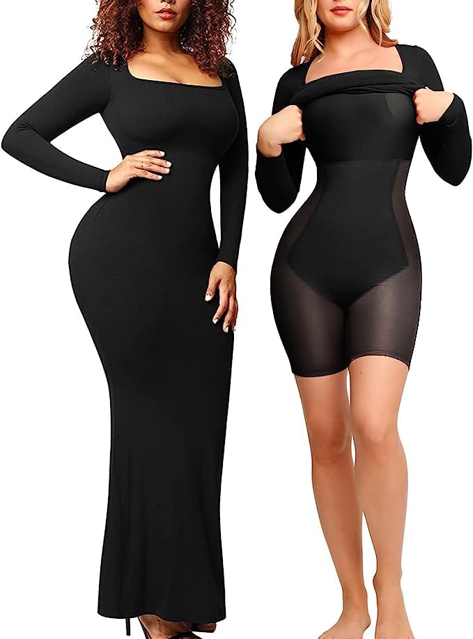Popilush Maxi Bodycon Dress Built in Bra Bodysuit for Women Long Sleeve Square Neck 8 in 1 Black Spaghetti Strap Dresses with Shapewear
