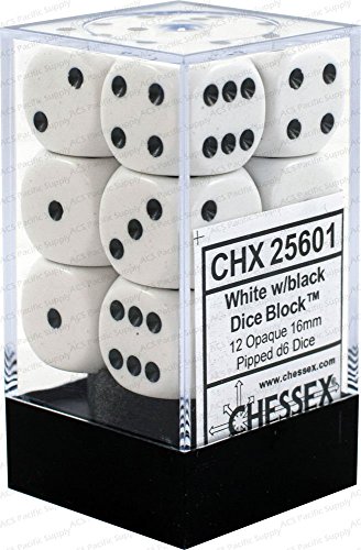 Chessex Opaque 16mm D6 White/Black Dice Block 12 Pipped Dice, Multicolor
