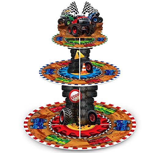 Sunnyray 3 Tier Truck Party Decorations Cupcake Stand Race Car Cupcake Tower Favors Racing Truck Party Dessert Holder Car Theme Dessert Stand for Kids Boys Car Birthday Race Car Party Supplies