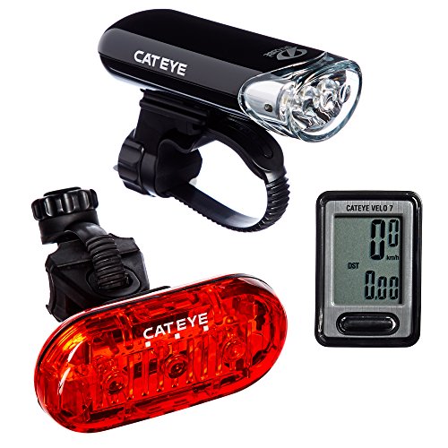 CATEYE, Go Kit Wired with HL-EL135 Headlight, Velo 7 Cycle Computer, and Omni 3 Rear Bike Light