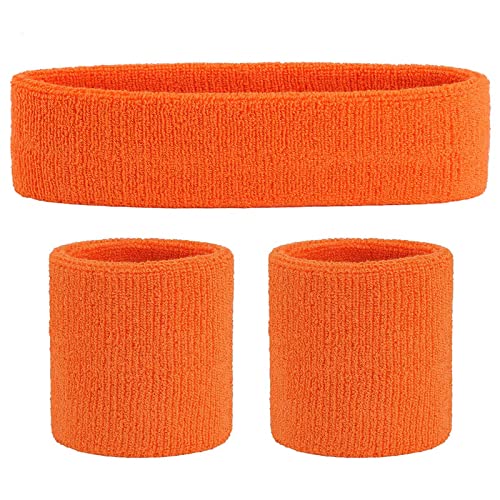 ONUPGO Orange Sweatband Set Sports Headband Wrist Striped Sweatbands Terry Cloth Wristband Athletic Exercise Basketball Wrist Sweatband and Headbands Moisture Wicking Sweat Absorbing Head Band