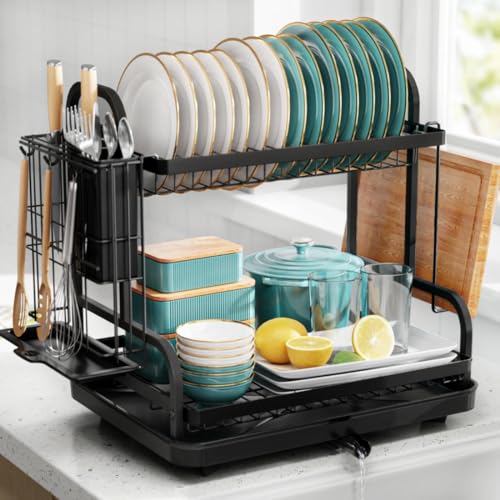 Sakugi Dish Drying Rack for Countertop - Rustproof Space-Saving & Multipurpose 2-Tier Dish Rack for Kitchen Counter with Utensil Holder, Large-Capacity, Black