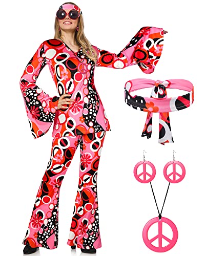 70s Women Disco Hippie Outfit Costume Accessories Pink Peace Disco Bottom Boho Flared Pants Hippie Shirt for Halloween Dress up Cosplay(XXXL)