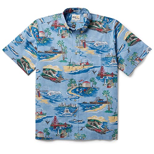 Reyn Spooner Golden Coast Button Front Scenic Hawaiian Aloha Shirt, Dusk Blue, L