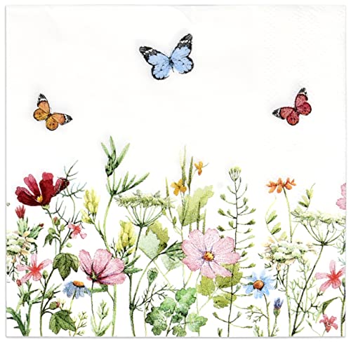 Gift Boutique 100 Spring Floral Cocktail Beverage Napkins Disposable Paper Butterfly Flower Garden Blossom Dessert Napkin for Wildflowers Wedding Holiday Bridal & Baby Shower Tableware Party Supplies