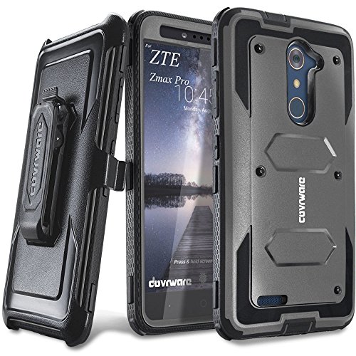 COVRWARE [Aegis Series] case Compatible with ZTE ZMAX PRO/ZTE Carry, with Built-in [Screen Protector] Heavy Duty Full-Body Rugged Holster Armor Case [Belt Swivel Clip][Kickstand], Gray