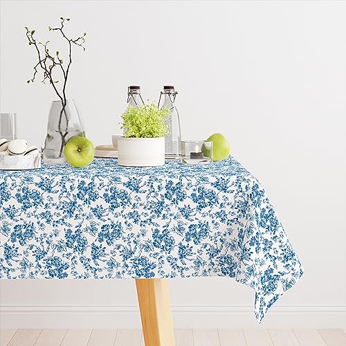 Blue and White Tablecloth Vintage Rectangle Tablecloth, Rustic Blue Floral Table Cloth, Washable Wrinkle Resistant Toile Tablecloth for Restaurants, Picnics, Outdoor Dining, (60' x 84')