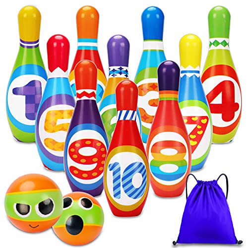 Soft Kids Bowling Set Toddler Toy for 2 3 4 5 Years Old Boy Girl, 10 Indoor Colorful Foam Pins 2 Bowling Ball Printed Number Developmental Sensory Toy Age 2-4 Present Stocking Stuffer