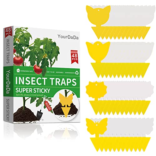 48 Pcs 4 Shapes Yellow Extremely Sticky Traps for Fungus Gnat, Fruit Fly, Fly, Whitefly, Flying Insect Catcher Traps for Houseplants, Kitchen, Indoor/Outdoor, Non-Toxic, Odorless, Pet & Kid Safe