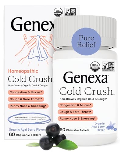 Genexa Cold Crush | Multi-Symptom Cough & Cold Relief for Adults | Delicious Organic Acai Berry Flavor | Certified Organic & Non-GMO | Homeopathic Remedy Made Clean | 60 Chewable Tablets