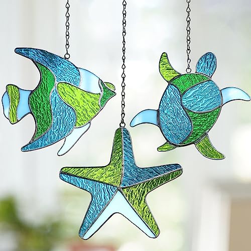 LEGIFO Sea Stained Glass Window Hanging, Marine Life Set with Fish Starfish Turtles, Stained Glass Decor for Window Wall, Handmade Birthday Gift for Grandma Mom Friends