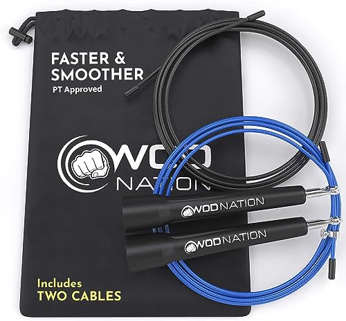 WOD Nation Adjustable Speed Jump Rope For Men, Women & Children - Blazing Fast Fitness Skipping Rope Perfect for Boxing, MMA, Endurance - Black