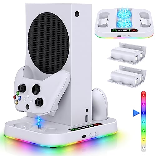 Cooling Fan Stand & RGB Light Strip for Xbox Series S,Dual Charger Station with 2 X 1400mAH Rechargeable Battery Pack,Charging Dock Accessories for XSS with 15 RGB Light Modes,USB2.0 Port for Sync