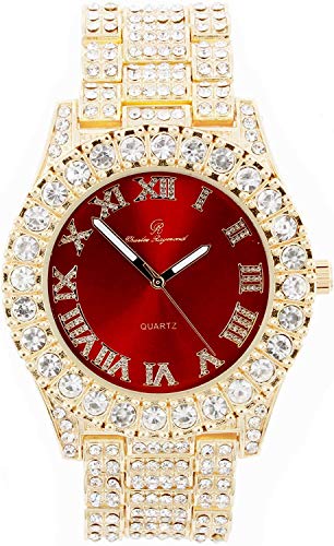 Charles Raymond Mens Gold Big Rocks with Roman Numerals Fully Iced Out Colorful Dial Watch - ST10327 RN Single (Gold Blood Red)