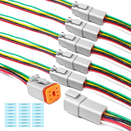 6 Kit Deutsch DT 6 pin Grey Male Female Wiring Harness Deutsch Pigtail 6 Wire Way Waterproof Automotive Electrical Connector 16 AWG with 72 Heat Shrink Tubing