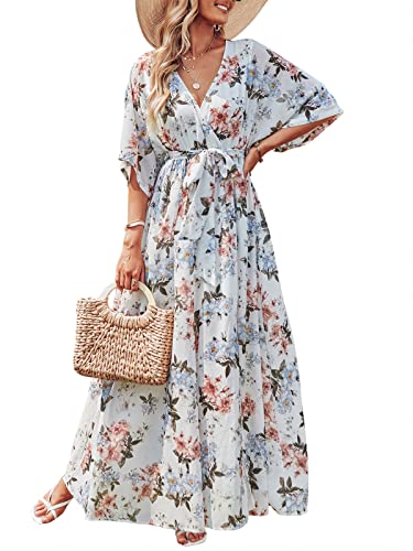 ANRABESS Women’s Floral Print Kimono Maxi Dress 3/4 Sleeve Wrap V Neck High Slit Long Beach Dress with Belt White Flor Large