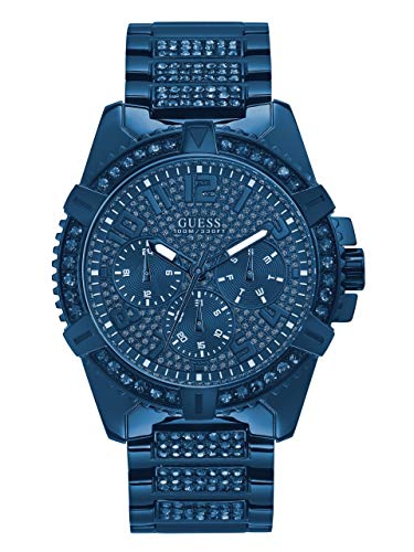 GUESS Stainless Steel Iconic Blue Crystal Embellished Bracelet Watch with Day, Date + 24 Hour Military/Int'l Time. Color: Blue (Model: U0799G6)