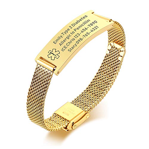 VNOX Medical Alert Bracelets for Men & Women with Custom Engraving Adjustable Stainless Steel Mesh Emergency Medical ID Bracelets Wristband,Gold Plated