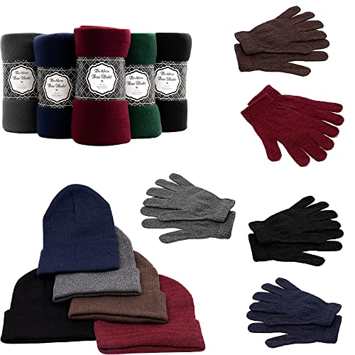 Homeless Care Package Supplies - Bulk Case of 12 Glove Pairs, 12 Winter Thin Throw Blankets, 12 Beanies
