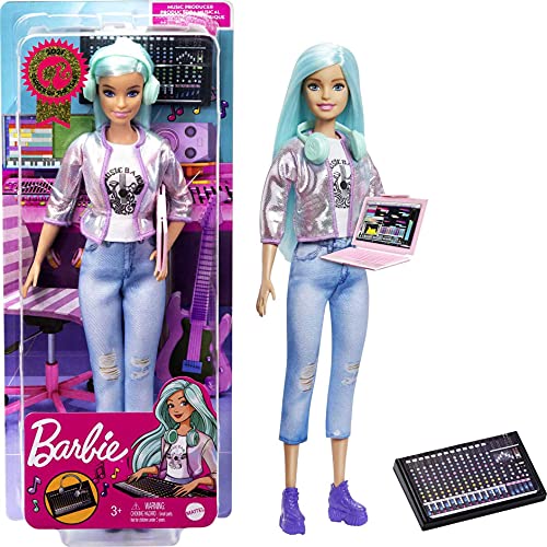 Barbie Career of the Year Music Producer Doll (12-in), Colorful Blue Hair, Trendy Tee, Jacket & Jeans Plus Sound Mixing Board, Computer & Headphone Accessories, Great Toy Gift