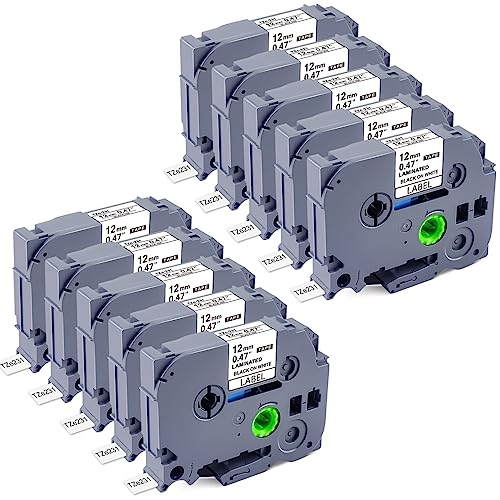 10 Pack Label Mkaer Tape Replacement for Brother TZe-231 TZe231 Laminated White P Touch Label Tape, 12mm x 8m, Black on White, Compatible for Brother P Touch Label Maker PTD210 PT-H110 PT-D400