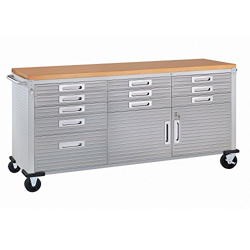 Seville Classics UltraHD Heavy Duty Rolling Cabinet Workbench Table w/Solid Wood Top, Workstation for Garage, Warehouse, Office, Workshop, 77' W x 20' D x 37.5' H, Granite, 11-Drawer