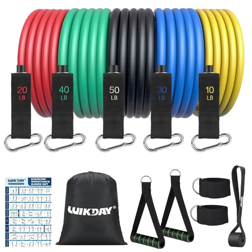 WIKDAY Exercise Resistance Bands with Handles for Working Out, 150/200/250/300 Lbs Workout Bands Set with Door Anchor for Physical Therapy, Yoga, Pilates