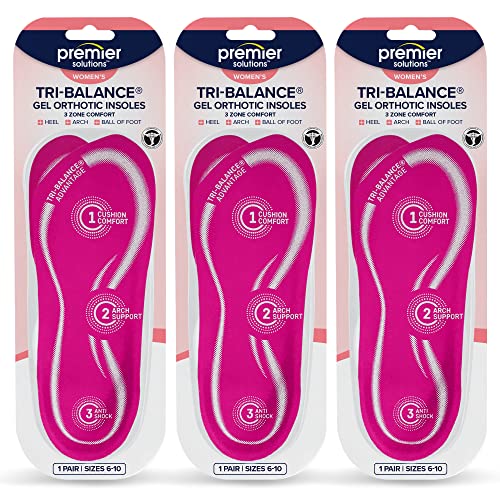 Premier Solutions Tri-Balance Gel Orthotic Insoles for Women, 3/4 Length Insoles for Women’s Shoe Sizes 6-10, (Pack of 3)